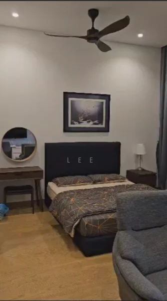 Bedroom features: queen-size bed with patterned bedding, upholstered headboard, wooden bedside table, table lamp, ceiling fan, wall-mounted artwork, wooden flooring, round mirror, sofa, decorative throw pillows; style: modern.
