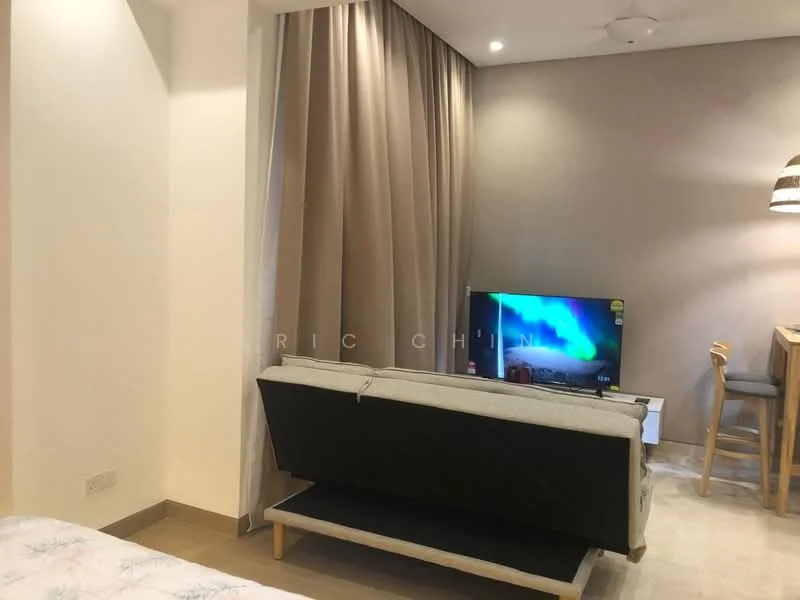 Living features: sofa with black cover, wall-mounted TV, light wood dining chairs, light wood dining table, recessed downlights, curtains, light-colored walls, neutral flooring; style: modern.