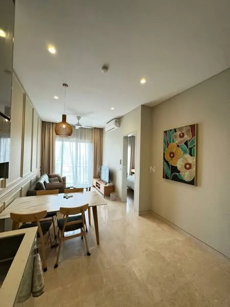 Living features: marble tile flooring, cream painted walls, 5-blade ceiling fan with light, floor-to-ceiling windows, sheer curtains, sofa in beige, wooden dining table, 4 dining chairs, wall-mounted TV, decorative wall art with floral pattern, air conditioning unit; style: modern; view: city. Room features: cream painted walls, marble tile flooring.