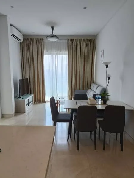 Living features: cream painted walls, marble flooring, 5-blade ceiling fan with light, floor-to-ceiling windows, sheer curtains, sofa in light grey, coffee table, TV console, wall-mounted TV, dining table with 4 chairs, decorative plant, lamp, recessed downlights; style: modern; view: city.