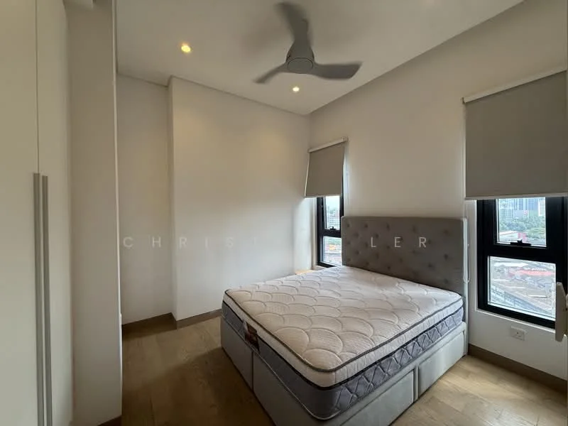 Bedroom features: queen-size bed, upholstered headboard, 2 windows with roller blinds, light wood flooring, ceiling fan, white painted walls, built-in wardrobe, decorative wall lighting; style: modern; view: city.