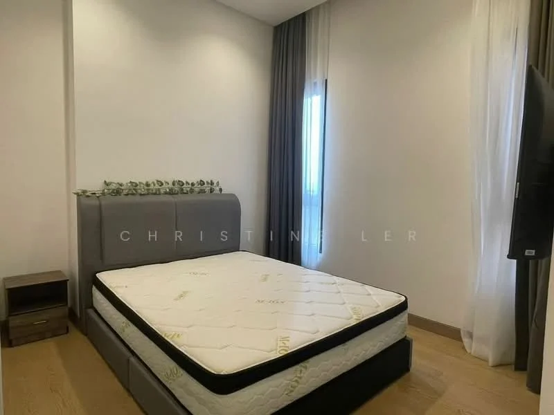 Bedroom features: queen-size bed, upholstered headboard, wooden bedside table, floor-to-ceiling window, sheer curtains, wooden flooring, decorative greenery on headboard, wall-mounted TV; style: modern.