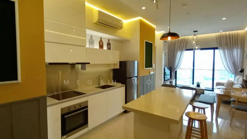 Kitchen features: white cabinetry, yellow accent wall, stainless-steel fridge, built-in oven, 4-burner gas hob, single-bowl stainless-steel sink, chrome pull-down faucet, quartz countertop, kitchen island with seating, recessed downlights, floor-to-ceiling windows, curtains, air conditioning unit; style: modern; view: city.