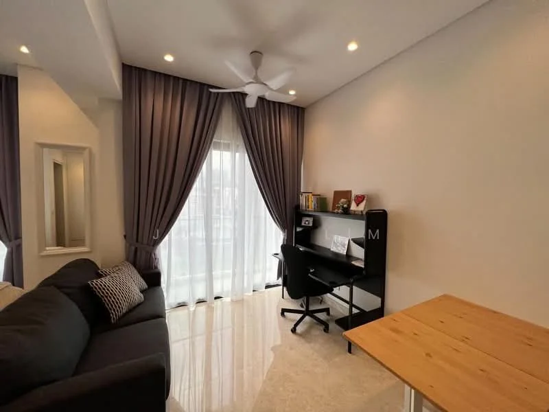 Living features: 3-seater fabric sofa in dark grey, ceiling fan with light, floor-to-ceiling windows, sheer curtains, dark purple drapes, light-coloured marble flooring, wooden study desk, black desk with shelving, decorative items on shelves, wall-mounted artwork, neutral painted walls; style: modern.