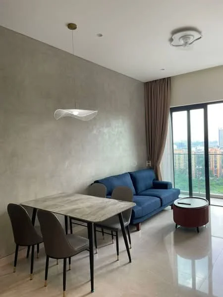 Living features: grey accent wall, marble tile flooring, 5-blade ceiling fan with light, sofa in blue fabric, coffee table with round top, 4-seater dining table with marble top, upholstered dining chairs in grey, floor-to-ceiling windows with city view, curtains in beige, recessed ceiling lights; style: modern; view: city.
