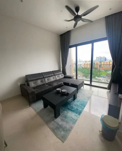 Living features: 3-seater fabric sofa in grey, coffee table, area rug with abstract pattern, floor-to-ceiling windows, curtains, ceiling fan, marble flooring, city view; style: modern; view: city.