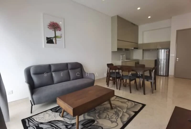 Living features: grey fabric sofa, wood coffee table, 4-seater dining table, marble flooring, white painted walls, framed artwork on wall, refrigerator, kitchen cabinetry, open kitchen layout, area rug with floral pattern; style: modern.