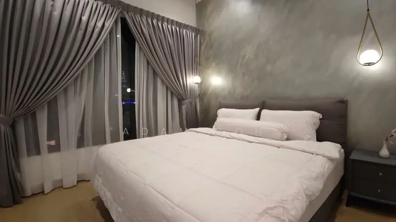 Bedroom features: queen-size bed with white bedding, grey upholstered headboard, nightstand with lamp, floor-to-ceiling windows, sheer curtains, blackout curtains, grey accent wall, wooden flooring, recessed downlights; style: modern; view: city.
