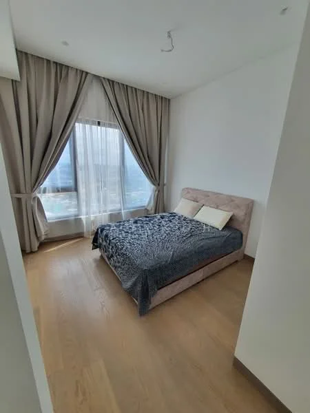 Bedroom features: queen-size bed, upholstered headboard, two decorative pillows, floor-to-ceiling windows, sheer curtains, heavy drapes, wooden flooring, wall-mounted light fixture; style: modern; view: city.