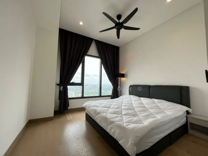 Bedroom features: king-size bed with upholstered headboard, white bedding, floor-to-ceiling window, blackout curtains, wooden flooring, ceiling fan with light, nightstand, decorative lamp; style: modern; view: city.