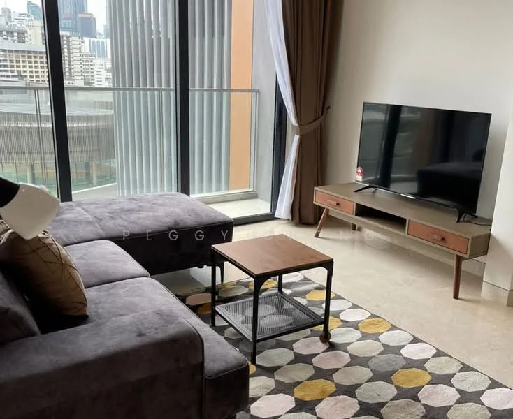 Living features: grey fabric sectional sofa, wood coffee table, area rug with geometric pattern, floor-to-ceiling windows, curtains, wall-mounted TV, TV console with drawers, marble flooring; style: modern; view: city.