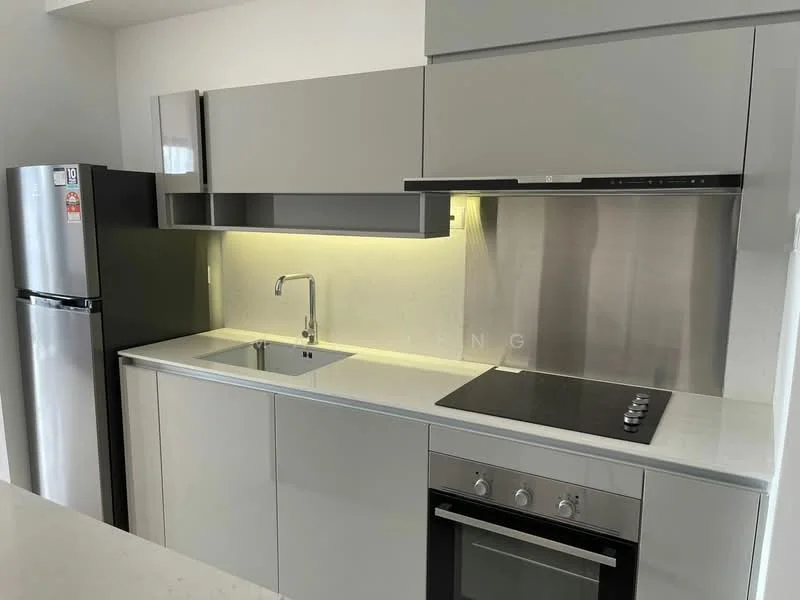 Kitchen features: grey cabinetry, white quartz countertop, stainless-steel single-bowl sink, chrome pull-down faucet, built-in oven, 4-burner gas hob, stainless-steel range hood, stainless-steel fridge, recessed LED downlights, backlit wall, tile backsplash; style: modern.