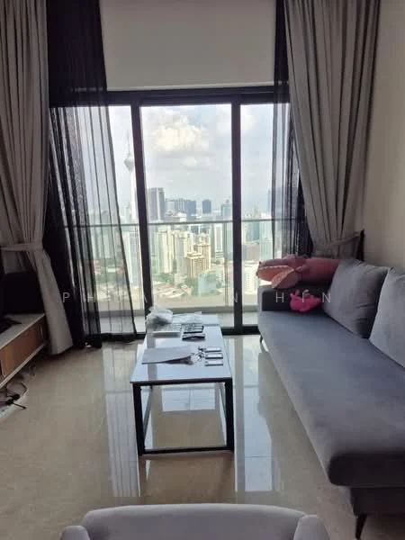 Living features: floor-to-ceiling windows, grey fabric sofa, glass coffee table, marble flooring, sheer curtains, blackout curtains, TV console, city skyline view; style: modern; view: city.