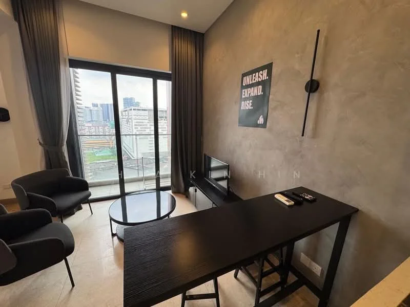 Living features: floor-to-ceiling windows, grey accent wall, light-colored flooring, black coffee table, black console table, two black armchairs, curtains, city view, wall-mounted TV, decorative wall art; style: modern; view: city.
