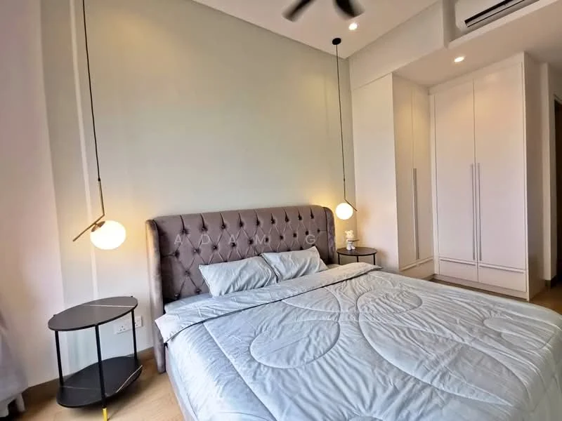 Bedroom features: king-size bed with upholstered headboard, light blue bedding, 2 pendant lights, nightstand with round top, built-in wardrobe, wooden flooring, ceiling fan, white walls; style: modern.