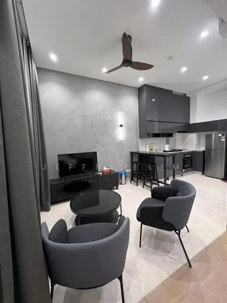 Living features: grey accent wall, marble tile flooring, 5-blade ceiling fan with light, wall-mounted TV, black coffee table, 2 black upholstered armchairs, kitchen island with bar stools, refrigerator, built-in oven, microwave, white cabinetry; style: modern.