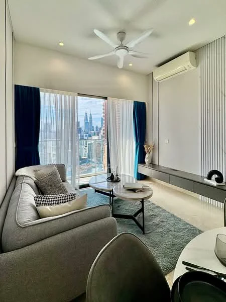 Living features: 3-seater fabric sofa in grey, coffee table, TV console, wall-mounted TV, area rug, floor-to-ceiling windows, sheer curtains, 5-blade ceiling fan with light, recessed downlights, decorative vase, decorative pillows, wall-mounted air conditioning unit; style: modern; view: city.