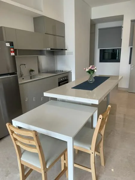 Kitchen features: grey cabinetry, stainless-steel fridge, built-in oven, 4-burner gas hob, single-bowl stainless-steel sink, chrome pull-down faucet, marble countertop, tile backsplash, pendant lighting, dining table with 2 chairs, vase with flowers, window with roller blinds, polished tile flooring; style: modern.