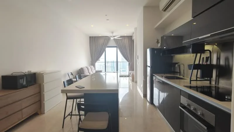 Living features: floor-to-ceiling windows, grey curtains, 3-seater fabric sofa in light beige, coffee table, TV console, wall-mounted TV, area rug, ceiling fan with light, marble flooring, open-plan layout with kitchen, dining chairs, kitchen island with seating; style: modern; view: city. Kitchen features: stainless-steel sink, chrome pull-down faucet, black cabinetry, built-in oven, stainless-steel range hood, 4-burner gas hob, microwave, refrigerator, countertop with bar seating; style: modern.