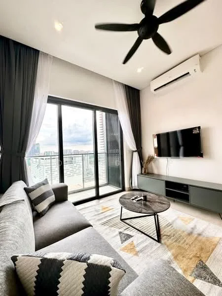 Living features: 3-seater fabric sofa in grey, coffee table, wall-mounted TV, TV console, area rug with geometric pattern, floor-to-ceiling windows, black ceiling fan, recessed downlights, curtains in sheer white and dark grey, air conditioning unit; style: modern; view: city.