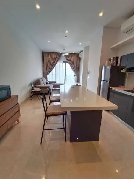 Kitchen features: marble tile flooring, white painted walls, recessed downlights, 5-blade ceiling fan, kitchen island with seating, stainless-steel fridge, built-in cabinets, countertop with overhang, open shelving, window with sheer curtains; style: modern. Living features: 3-seater fabric sofa in beige, wooden coffee table, TV console, floor-to-ceiling windows, sheer curtains; style: modern.
