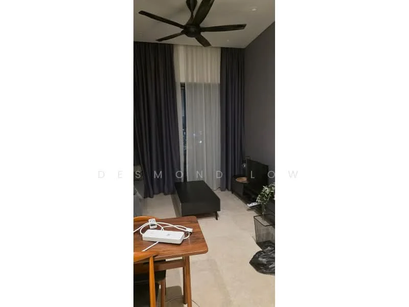 Living features: 5-blade ceiling fan, floor-to-ceiling windows, dark grey accent wall, light-coloured flooring, sheer curtains, blackout curtains, small black ottoman, wooden desk, decorative plant, area rug; style: modern; view: city.