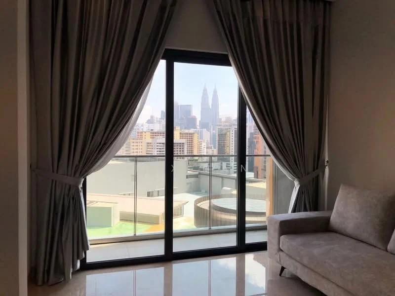 Room features: floor-to-ceiling windows, grey curtains, balcony access, city skyline view, polished marble flooring, sofa in beige, glass balcony railing; style: modern; view: city.
