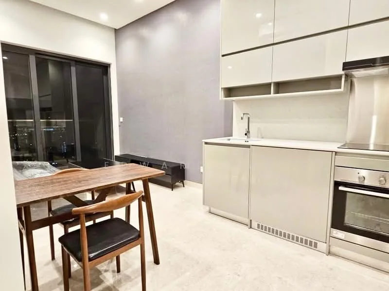 Kitchen features: grey cabinetry, white countertop, stainless-steel sink, chrome pull-down faucet, built-in oven, stainless-steel range, ceramic tile flooring, recessed downlights, floor-to-ceiling windows, dining table with wooden legs, 4 dining chairs, open layout; style: modern; view: city.
