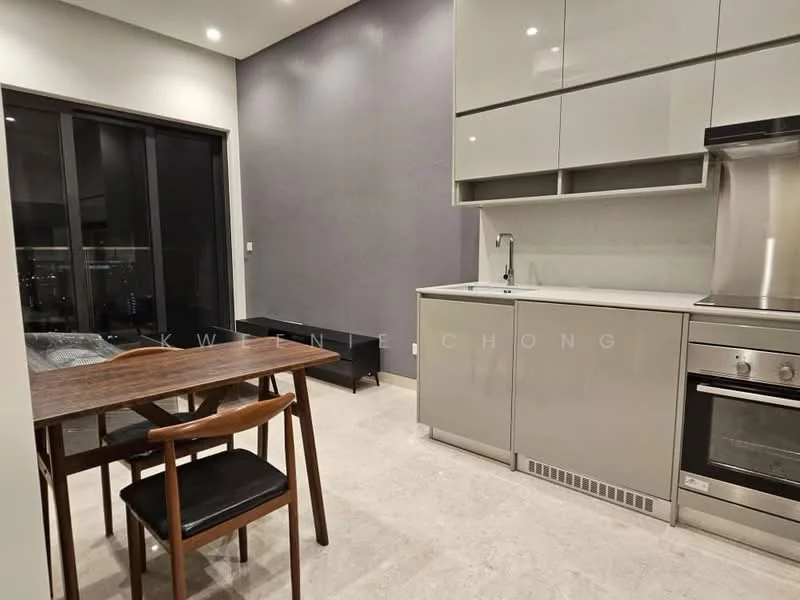 Kitchen features: grey cabinetry, stainless-steel sink, chrome pull-down faucet, built-in oven, 4-burner gas hob, extractor hood, light-colored stone flooring, dining table with wooden legs and black seats, floor-to-ceiling windows, city view; style: modern; view: city.