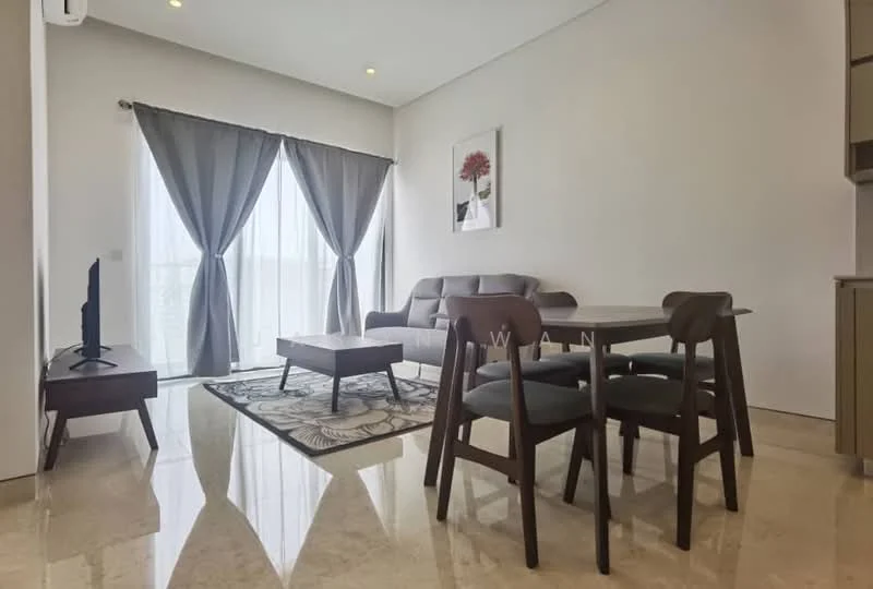 Living features: grey fabric sofa, wooden coffee table, 4-seater dining table, wooden dining chairs, area rug with geometric pattern, floor-to-ceiling windows, sheer curtains, marble flooring, wall-mounted TV, decorative wall art; style: modern.
