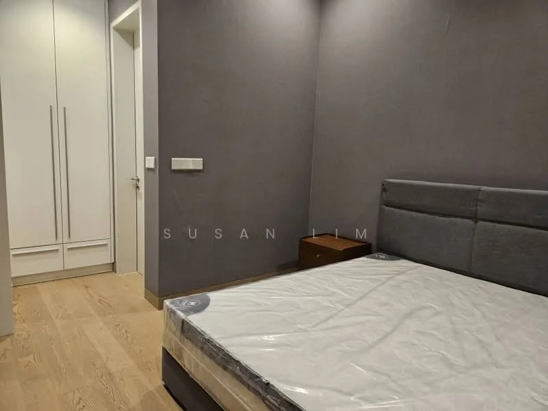 Bedroom features: grey accent wall, wooden flooring, queen-size bed with mattress protector, upholstered headboard, built-in wardrobe with sliding doors, nightstand, white painted walls, recessed lighting; style: modern.