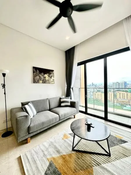 Living features: 3-seater fabric sofa in grey, coffee table with black metal base, area rug with geometric pattern, floor-to-ceiling windows, black ceiling fan, wall-mounted artwork, curtains in grey and white, marble flooring; style: modern; view: city.