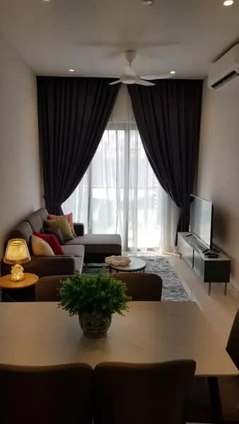 Living features: 3-seater fabric sofa in grey, coffee table, TV console, wall-mounted TV, area rug, 5-blade ceiling fan with light, floor-to-ceiling windows, sheer curtains, dark curtains, decorative plant in ceramic pot, recessed downlights; style: modern.