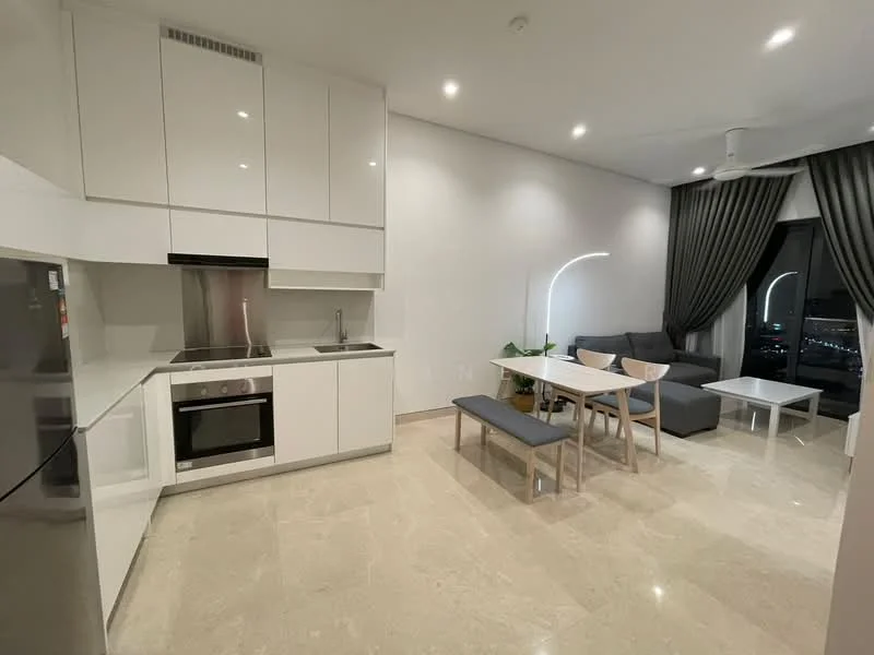 Kitchen features: white glossy cabinetry, stainless-steel sink, chrome pull-down faucet, built-in oven, 4-burner gas hob, stainless-steel range hood, ceramic tile backsplash, marble countertop, refrigerator; style: modern; view: city. Living features: 3-seater fabric sofa in grey, 2 coffee tables, dining table with 4 chairs, floor-to-ceiling windows, curtains, ceiling fan, LED floor lamp, marble flooring; style: modern; view: city.