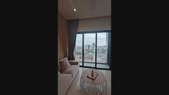 Living features: floor-to-ceiling windows, sliding glass door, beige fabric sofa, round coffee table with metal base, curtains, neutral wall colour, recessed downlights, city view; style: modern; view: city.