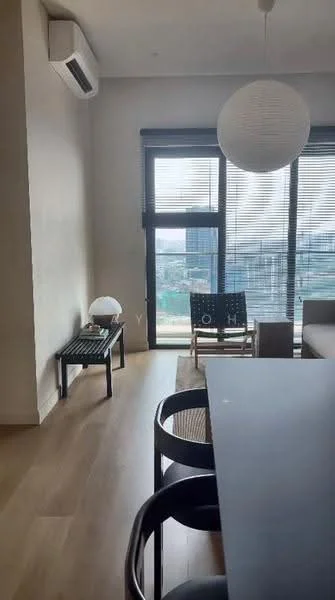 Living features: floor-to-ceiling windows, blackout curtains, wooden flooring, ceiling-mounted air conditioning unit, round pendant light, sofa, coffee table, side table, decorative lamp, woven chair, view of city skyline; style: modern; view: city.