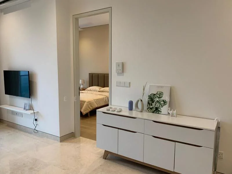 Living features: white painted walls, marble flooring, wall-mounted TV, TV console, decorative wall art, sideboard, decorative vase, neutral color palette; style: modern. Bedroom features: queen-size bed, upholstered headboard, bedside lamps, built-in wardrobe, soft bedding, neutral color scheme; style: modern.