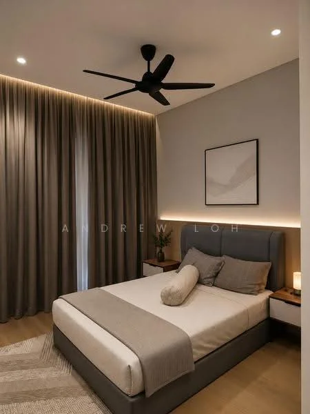 Bedroom features: queen-size bed, upholstered headboard, bedside lamps, 5-blade ceiling fan with light, floor-to-ceiling curtains, wooden flooring, decorative wall art, recessed LED lighting, neutral color scheme, throw pillow; style: modern.