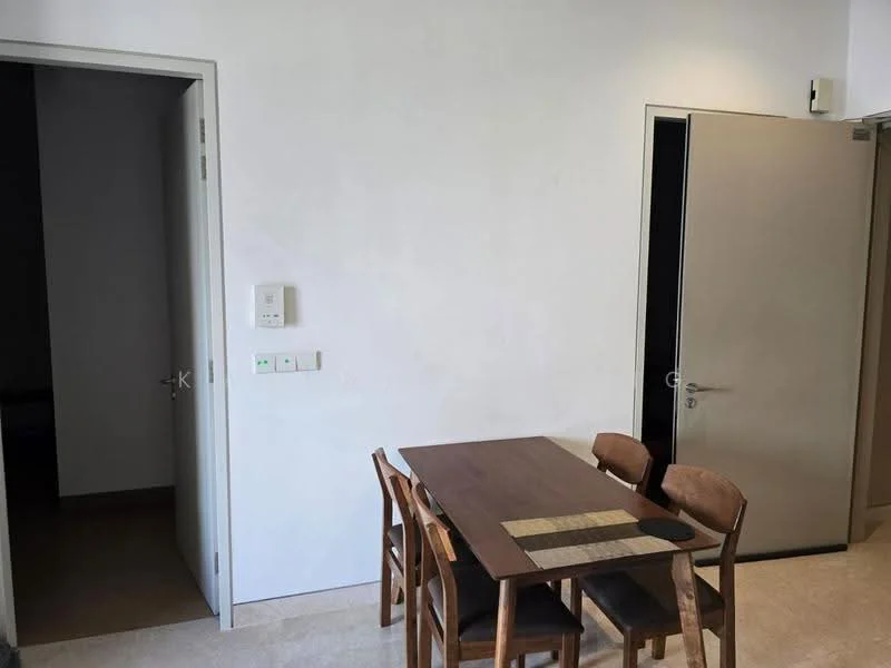 Dining features: wooden dining table, 4 wooden dining chairs, light-colored walls, tile flooring, doorway to adjacent room, door to another room, minimalist decor; style: modern.