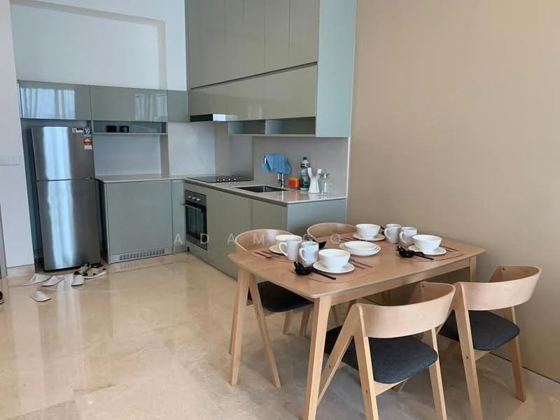Kitchen features: light grey cabinetry, white countertop, stainless-steel fridge, built-in oven, 4-burner gas hob, kitchen sink, dishwasher, marble tile flooring, recessed downlights, wall-mounted kitchen utensils, open shelving, dining table with 4 chairs; style: modern.