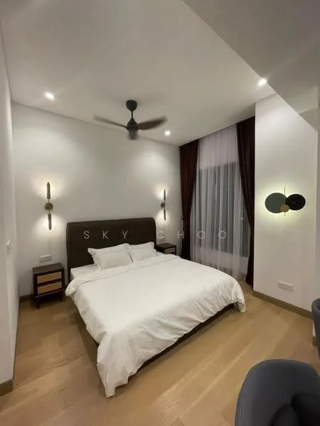 Bedroom features: king-size bed with white bedding, upholstered headboard, 2 bedside tables with lamps, ceiling fan with light, wooden flooring, floor-to-ceiling window with sheer curtains, dark brown curtains, wall-mounted decorative light fixtures, decorative wall art, area rug; style: modern.