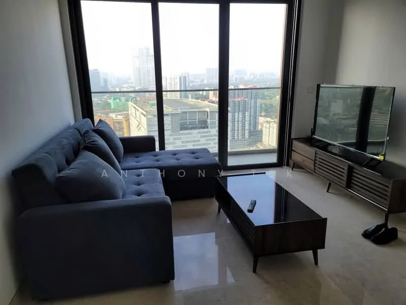 Living features: L-shape sectional sofa in grey, coffee table, TV console, wall-mounted TV, floor-to-ceiling windows, city view, marble flooring, decorative wall, area rug; style: modern; view: city.