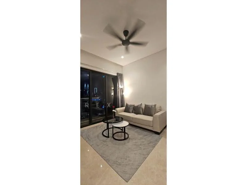 Living features: 3-seater fabric sofa in light grey, black coffee table, area rug with geometric pattern, 5-blade ceiling fan with light, floor-to-ceiling windows, curtains, decorative cushions, marble tile flooring, wall-mounted TV, wall sconce lighting; style: modern; view: city.