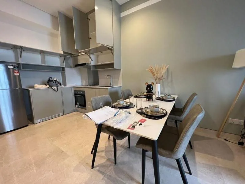 Dining features: 6-seater dining table, grey upholstered dining chairs, white tableware, decorative vase with dried flowers, built-in cabinetry, stainless-steel fridge, built-in oven, grey cabinetry, stone countertop, light-colored flooring, wall-mounted shelves; style: modern.