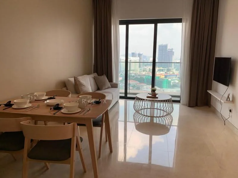 Living features: floor-to-ceiling windows, city view, light-colored walls, marble tile flooring, sofa in light grey, coffee table with circular design, TV mounted on wall, decorative plant on table, dining table for four, dining chairs in wood, table setting with plates and cutlery, curtains in light fabric; style: modern; view: city.
