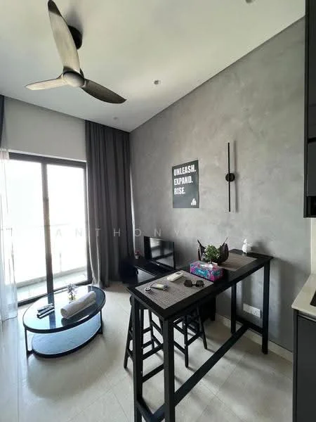 Living features: grey accent wall, floor-to-ceiling windows, sliding glass door, sheer curtains, 5-blade ceiling fan, black dining table, black bar stools, round coffee table, decorative wall art, light-colored flooring, decorative items on table; style: modern; view: city.