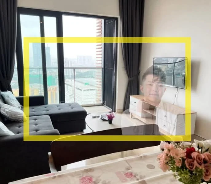 Living features: 3-seater fabric sofa in grey, coffee table, TV console, wall-mounted TV, floor-to-ceiling windows, curtains, decorative flowers on table, wooden flooring; style: modern; view: city.
