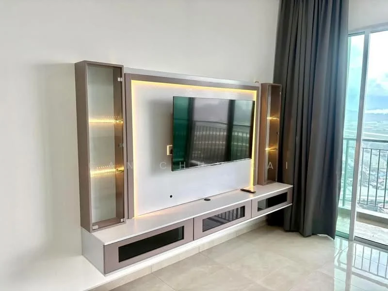 Living features: wall-mounted TV, TV console with storage, glass display cabinets, LED backlighting, grey curtains, light-colored wall, tile flooring, balcony door; style: modern; view: city.