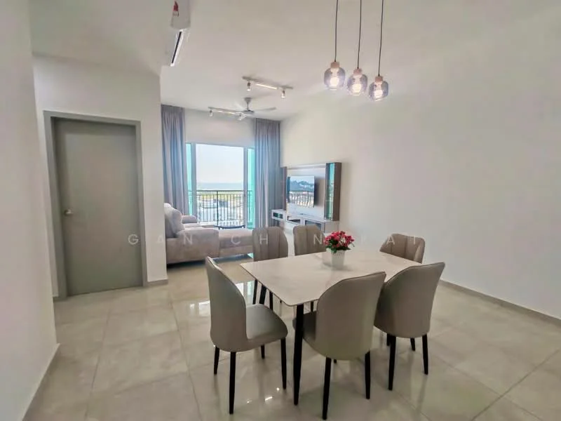 Dining features: 6-seater dining table with marble top, upholstered dining chairs in beige, pendant lighting with multiple bulbs, floor-to-ceiling windows, curtains, neutral wall color, tile flooring, decorative flower arrangement on table; style: modern; view: city. Living features: sectional sofa in light grey, wall-mounted TV, TV console, recessed lighting, neutral wall color, tile flooring; style: modern; view: city.