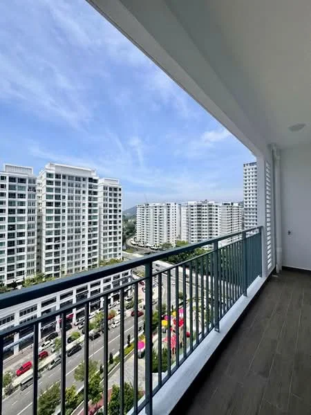 Room features: balcony with railing, floor-to-ceiling windows, city view, grey tiled flooring, white walls, overhead lighting, outdoor space, open-air design; style: modern; view: city.